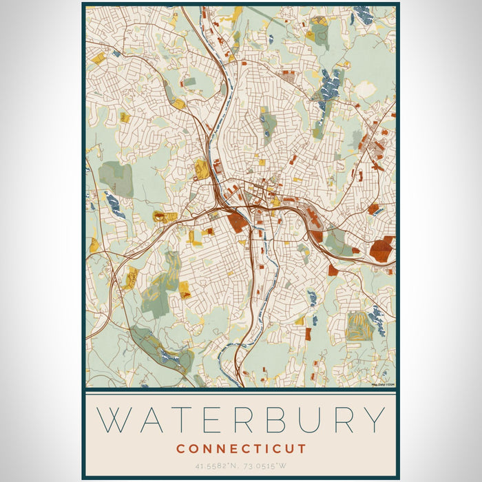Waterbury Connecticut Map Print Portrait Orientation in Woodblock Style With Shaded Background