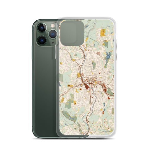 Custom Waterbury Connecticut Map Phone Case in Woodblock on Table with Laptop and Plant