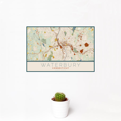 12x18 Waterbury Connecticut Map Print Landscape Orientation in Woodblock Style With Small Cactus Plant in White Planter
