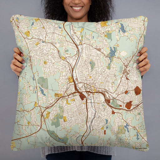Person holding 22x22 Custom Waterbury Connecticut Map Throw Pillow in Woodblock