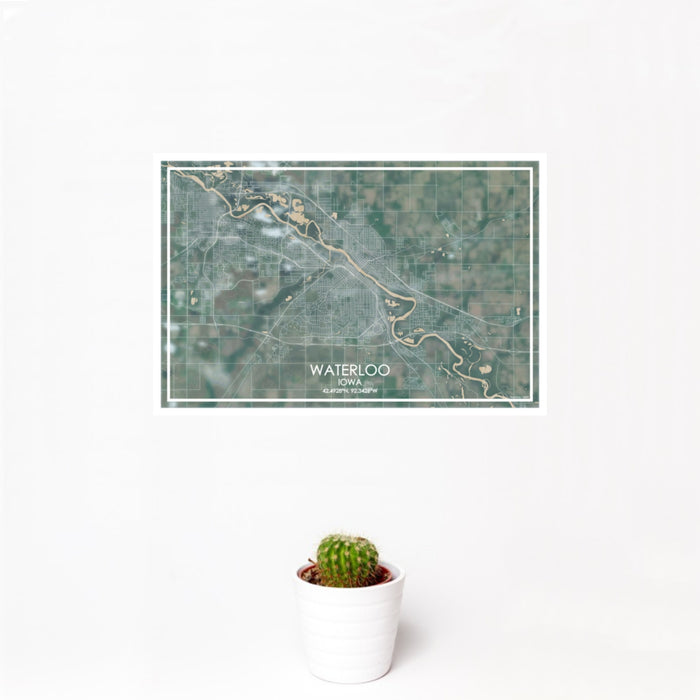 12x18 Waterloo Iowa Map Print Landscape Orientation in Afternoon Style With Small Cactus Plant in White Planter