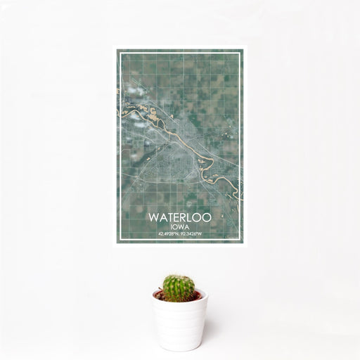 12x18 Waterloo Iowa Map Print Portrait Orientation in Afternoon Style With Small Cactus Plant in White Planter