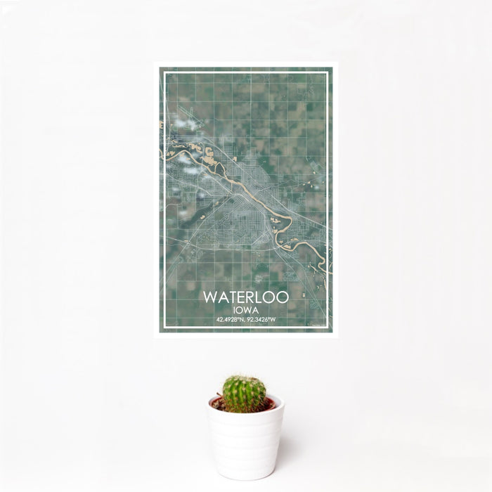 12x18 Waterloo Iowa Map Print Portrait Orientation in Afternoon Style With Small Cactus Plant in White Planter