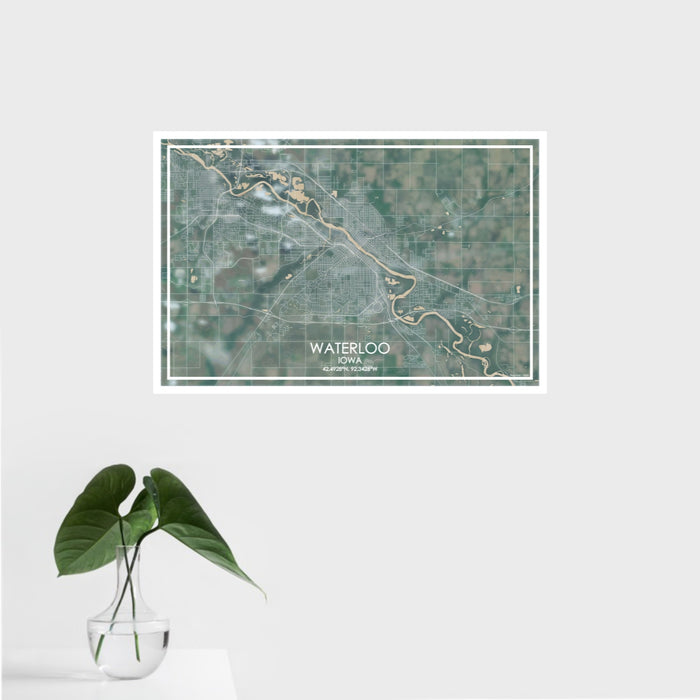 16x24 Waterloo Iowa Map Print Landscape Orientation in Afternoon Style With Tropical Plant Leaves in Water