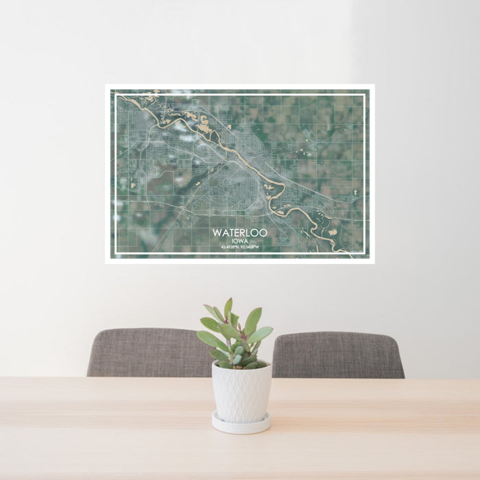 24x36 Waterloo Iowa Map Print Lanscape Orientation in Afternoon Style Behind 2 Chairs Table and Potted Plant