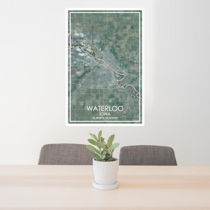 24x36 Waterloo Iowa Map Print Portrait Orientation in Afternoon Style Behind 2 Chairs Table and Potted Plant
