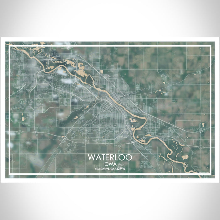 Waterloo Iowa Map Print Landscape Orientation in Afternoon Style With Shaded Background