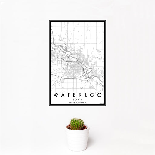 12x18 Waterloo Iowa Map Print Portrait Orientation in Classic Style With Small Cactus Plant in White Planter