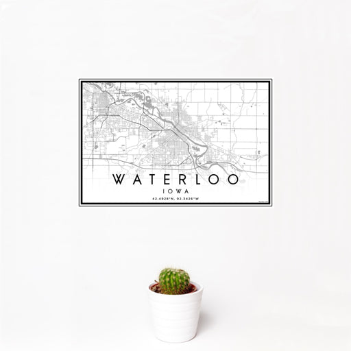 12x18 Waterloo Iowa Map Print Landscape Orientation in Classic Style With Small Cactus Plant in White Planter