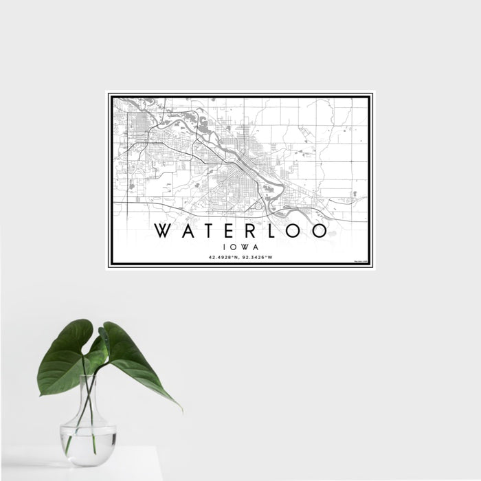 16x24 Waterloo Iowa Map Print Landscape Orientation in Classic Style With Tropical Plant Leaves in Water