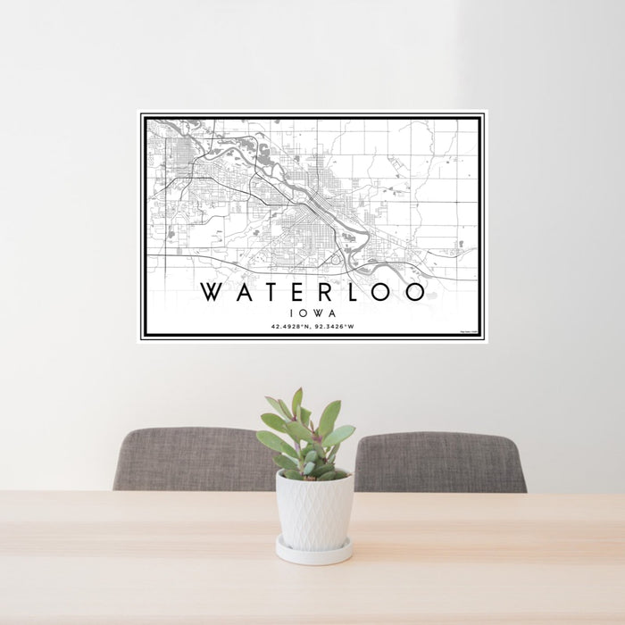 24x36 Waterloo Iowa Map Print Landscape Orientation in Classic Style Behind 2 Chairs Table and Potted Plant