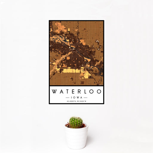 12x18 Waterloo Iowa Map Print Portrait Orientation in Ember Style With Small Cactus Plant in White Planter