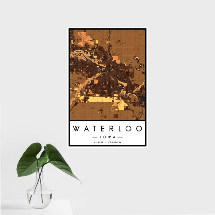 16x24 Waterloo Iowa Map Print Portrait Orientation in Ember Style With Tropical Plant Leaves in Water