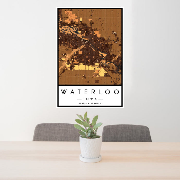 24x36 Waterloo Iowa Map Print Portrait Orientation in Ember Style Behind 2 Chairs Table and Potted Plant