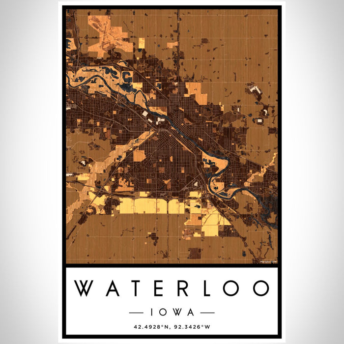 Waterloo Iowa Map Print Portrait Orientation in Ember Style With Shaded Background