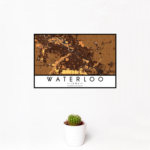 12x18 Waterloo Iowa Map Print Landscape Orientation in Ember Style With Small Cactus Plant in White Planter