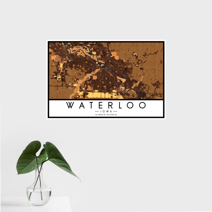 16x24 Waterloo Iowa Map Print Landscape Orientation in Ember Style With Tropical Plant Leaves in Water