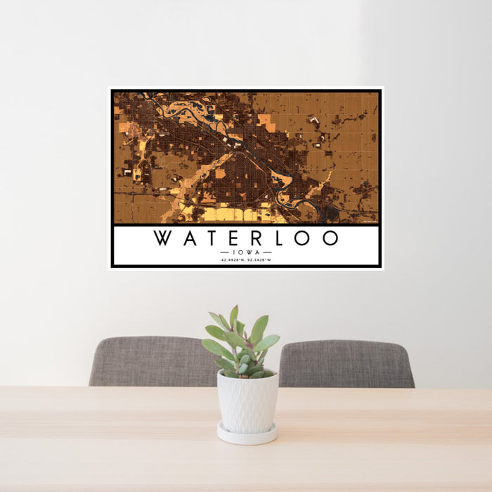 24x36 Waterloo Iowa Map Print Landscape Orientation in Ember Style Behind 2 Chairs Table and Potted Plant