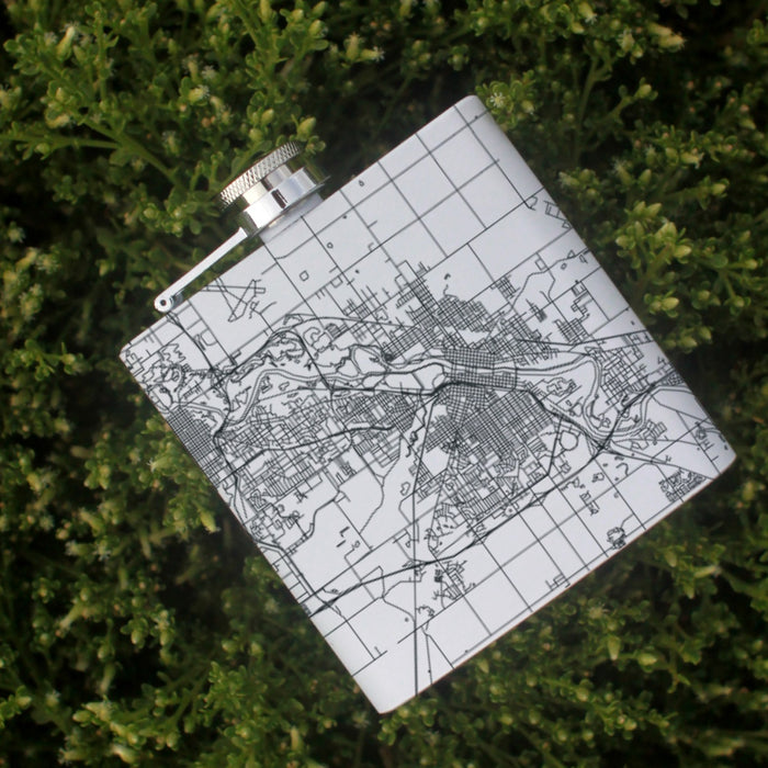 Waterloo Iowa Custom Engraved City Map Inscription Coordinates on 6oz Stainless Steel Flask in White