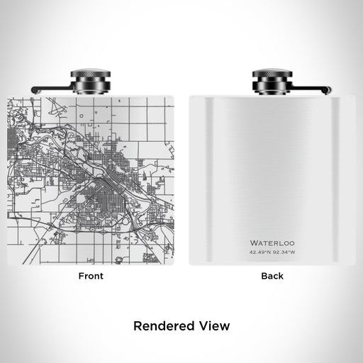 Rendered View of Waterloo Iowa Map Engraving on 6oz Stainless Steel Flask in White