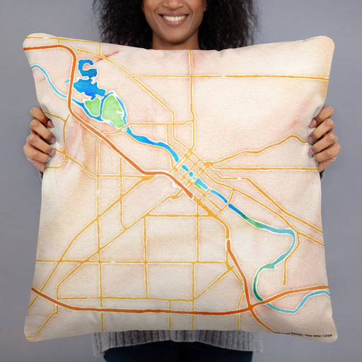 Person holding 22x22 Custom Waterloo Iowa Map Throw Pillow in Watercolor