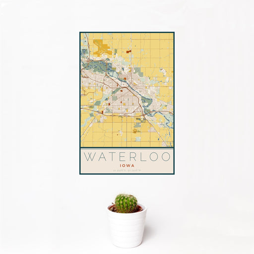 12x18 Waterloo Iowa Map Print Portrait Orientation in Woodblock Style With Small Cactus Plant in White Planter