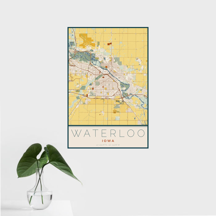 16x24 Waterloo Iowa Map Print Portrait Orientation in Woodblock Style With Tropical Plant Leaves in Water