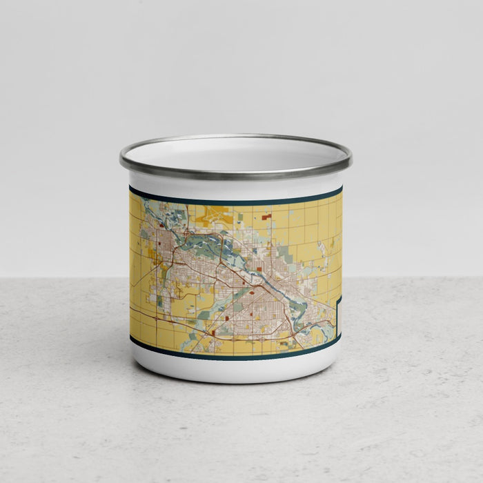 Front View Custom Waterloo Iowa Map Enamel Mug in Woodblock