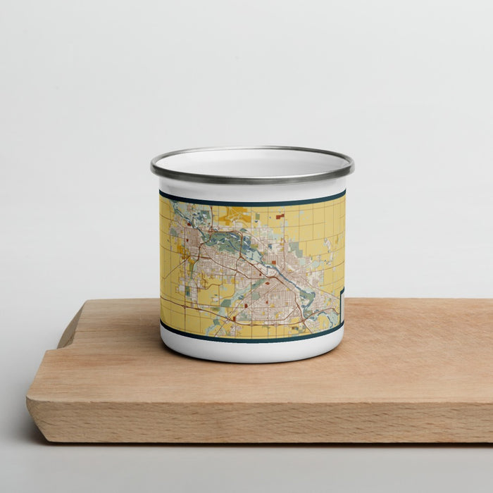 Front View Custom Waterloo Iowa Map Enamel Mug in Woodblock on Cutting Board