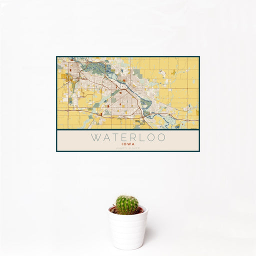 12x18 Waterloo Iowa Map Print Landscape Orientation in Woodblock Style With Small Cactus Plant in White Planter