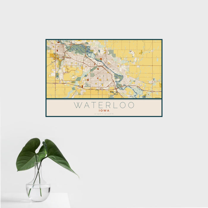 16x24 Waterloo Iowa Map Print Landscape Orientation in Woodblock Style With Tropical Plant Leaves in Water