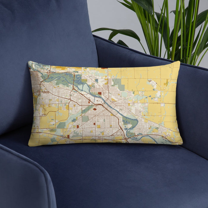 Custom Waterloo Iowa Map Throw Pillow in Woodblock on Blue Colored Chair