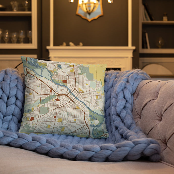 Custom Waterloo Iowa Map Throw Pillow in Woodblock on Cream Colored Couch