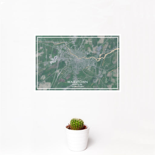 12x18 Watertown New York Map Print Landscape Orientation in Afternoon Style With Small Cactus Plant in White Planter