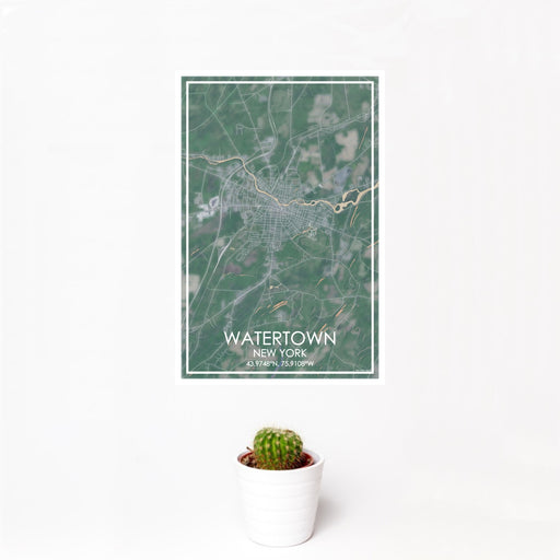 12x18 Watertown New York Map Print Portrait Orientation in Afternoon Style With Small Cactus Plant in White Planter