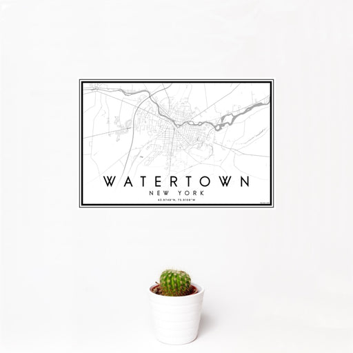 12x18 Watertown New York Map Print Landscape Orientation in Classic Style With Small Cactus Plant in White Planter