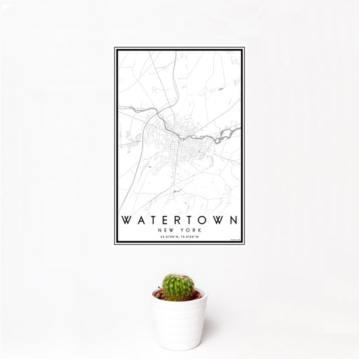 12x18 Watertown New York Map Print Portrait Orientation in Classic Style With Small Cactus Plant in White Planter