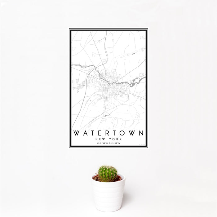 12x18 Watertown New York Map Print Portrait Orientation in Classic Style With Small Cactus Plant in White Planter