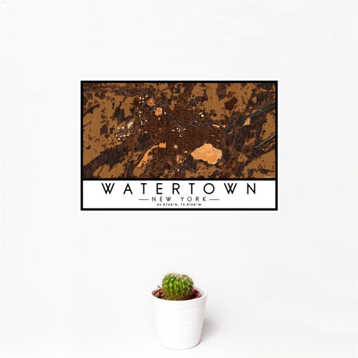 12x18 Watertown New York Map Print Landscape Orientation in Ember Style With Small Cactus Plant in White Planter