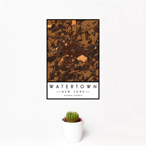 12x18 Watertown New York Map Print Portrait Orientation in Ember Style With Small Cactus Plant in White Planter