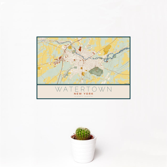 12x18 Watertown New York Map Print Landscape Orientation in Woodblock Style With Small Cactus Plant in White Planter