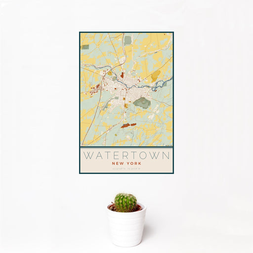 12x18 Watertown New York Map Print Portrait Orientation in Woodblock Style With Small Cactus Plant in White Planter