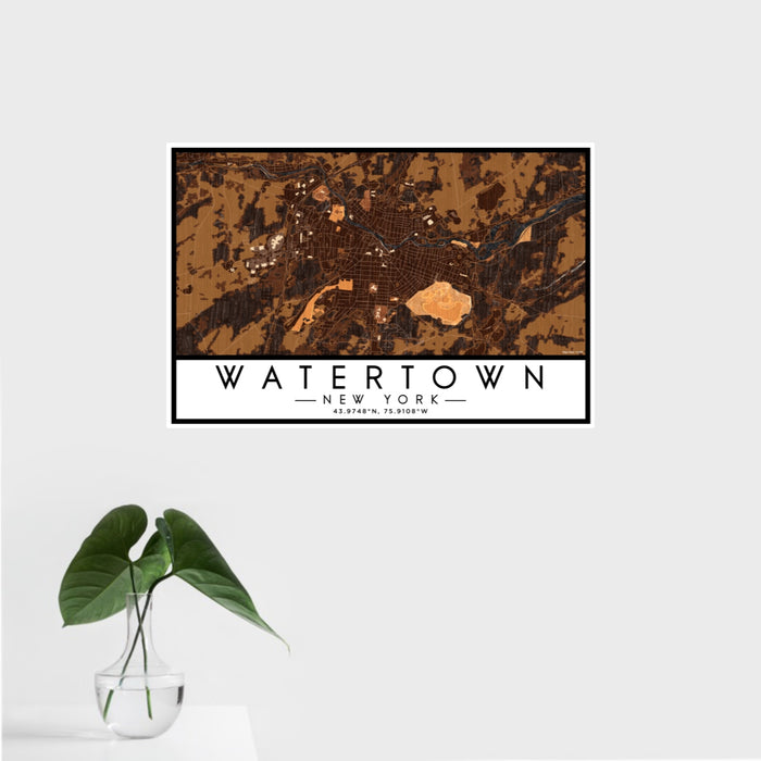 16x24 Watertown New York Map Print Landscape Orientation in Ember Style With Tropical Plant Leaves in Water
