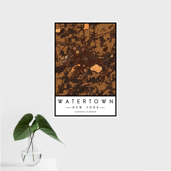 16x24 Watertown New York Map Print Portrait Orientation in Ember Style With Tropical Plant Leaves in Water