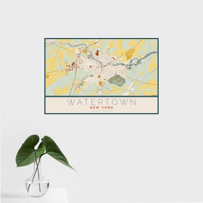 16x24 Watertown New York Map Print Landscape Orientation in Woodblock Style With Tropical Plant Leaves in Water