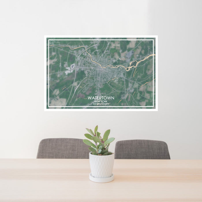 24x36 Watertown New York Map Print Lanscape Orientation in Afternoon Style Behind 2 Chairs Table and Potted Plant