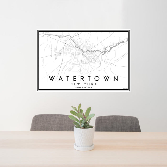 24x36 Watertown New York Map Print Lanscape Orientation in Classic Style Behind 2 Chairs Table and Potted Plant