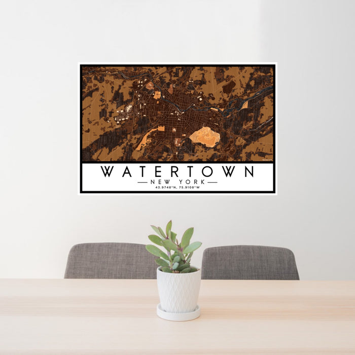 24x36 Watertown New York Map Print Lanscape Orientation in Ember Style Behind 2 Chairs Table and Potted Plant