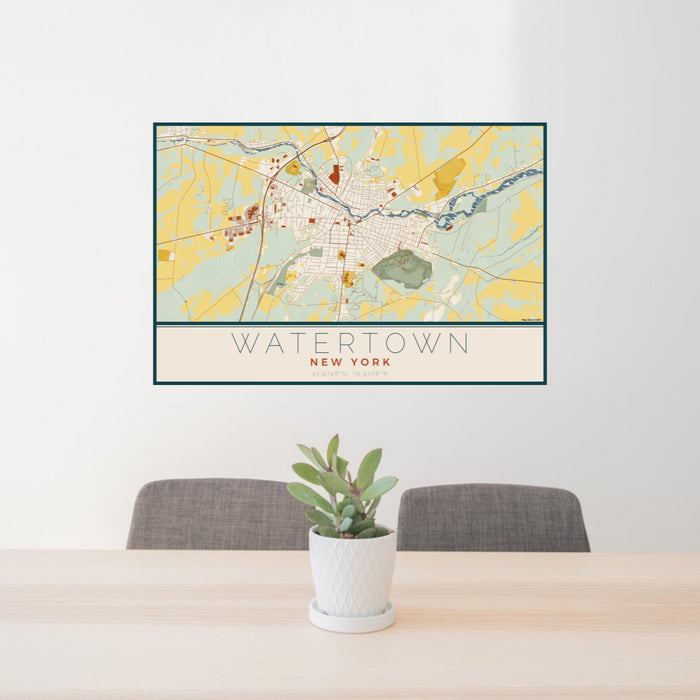 24x36 Watertown New York Map Print Lanscape Orientation in Woodblock Style Behind 2 Chairs Table and Potted Plant