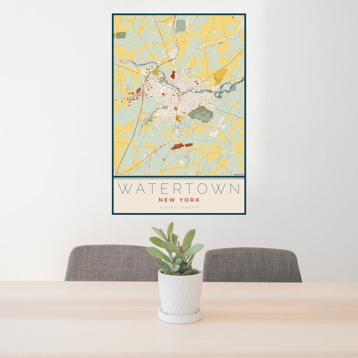 24x36 Watertown New York Map Print Portrait Orientation in Woodblock Style Behind 2 Chairs Table and Potted Plant
